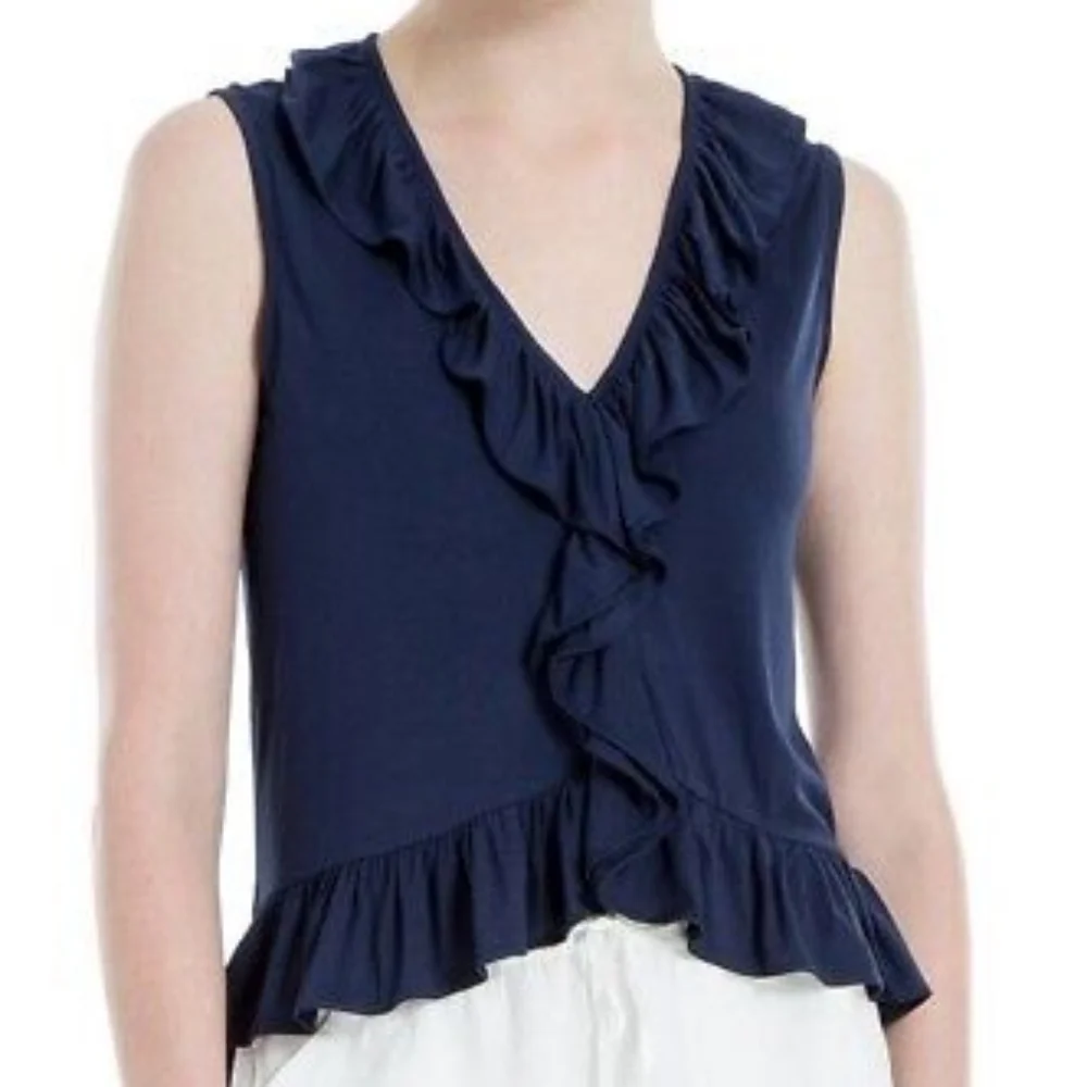 Sophie Max Ruffled Blouse Large Navy Sleeveless
